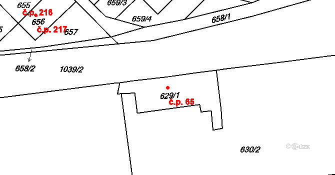 Všetuly 65, Holešov na parcele st. 629/1 v KÚ Všetuly, Katastrální mapa