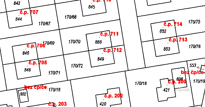 Postřižín 712 na parcele st. 849 v KÚ Postřižín, Katastrální mapa