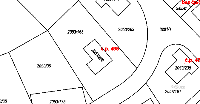 Strkov 495, Planá nad Lužnicí na parcele st. 2053/259 v KÚ Planá nad Lužnicí, Katastrální mapa