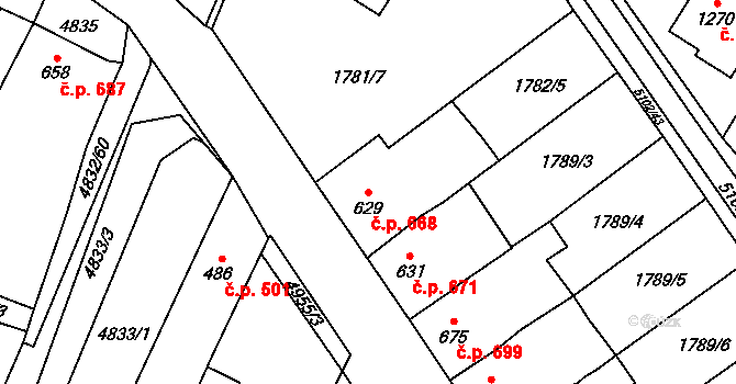 Hrušovany nad Jevišovkou 668 na parcele st. 629 v KÚ Hrušovany nad Jevišovkou, Katastrální mapa