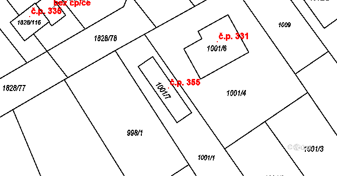Pustiměřské Prusy 355, Pustiměř na parcele st. 1001/7 v KÚ Pustiměř, Katastrální mapa