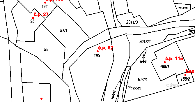 Milenov 62 na parcele st. 105 v KÚ Milenov, Katastrální mapa