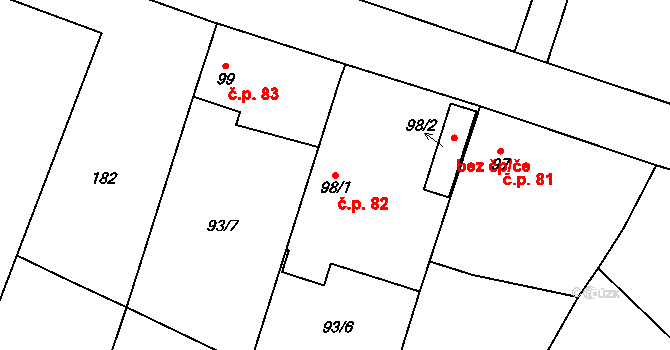 Horušice 82 na parcele st. 98/1 v KÚ Horušice, Katastrální mapa