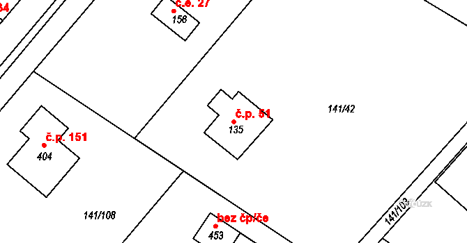 Pakoměřice 51, Bořanovice na parcele st. 135 v KÚ Bořanovice, Katastrální mapa
