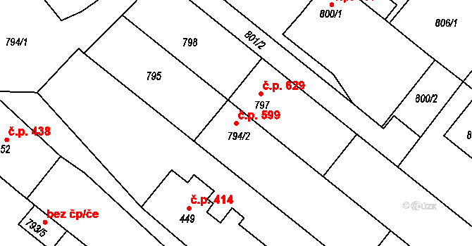 Veverská Bítýška 599 na parcele st. 794/2 v KÚ Veverská Bítýška, Katastrální mapa