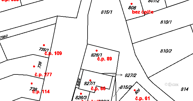 Žabčice 89 na parcele st. 828/1 v KÚ Žabčice, Katastrální mapa