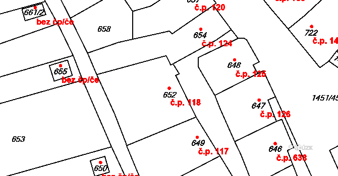 Hovorany 118 na parcele st. 652 v KÚ Hovorany, Katastrální mapa