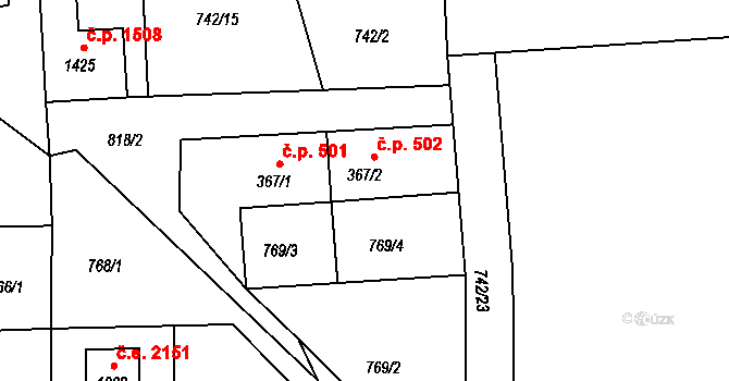 Skuheř 502, Kamenice na parcele st. 367/2 v KÚ Těptín, Katastrální mapa