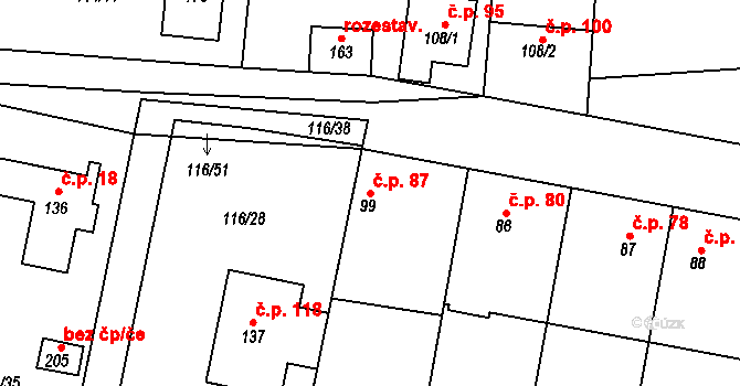 Vodochody 87 na parcele st. 99 v KÚ Vodochody u Prahy, Katastrální mapa