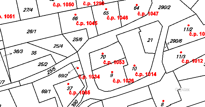 Švermov 1053, Kladno na parcele st. 70 v KÚ Hnidousy, Katastrální mapa