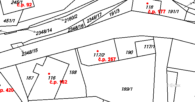 Dolní Podluží 257 na parcele st. 117/2 v KÚ Dolní Podluží, Katastrální mapa
