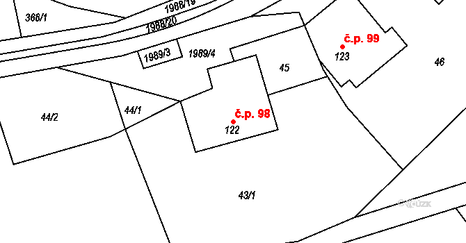 Kamenec u Poličky 98 na parcele st. 122 v KÚ Kamenec u Poličky, Katastrální mapa