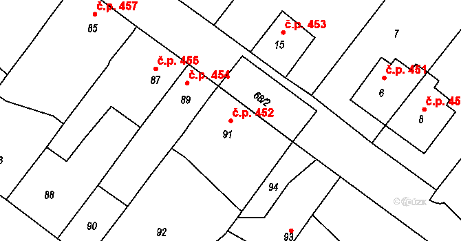 Bělkovice-Lašťany 452 na parcele st. 91 v KÚ Lašťany, Katastrální mapa