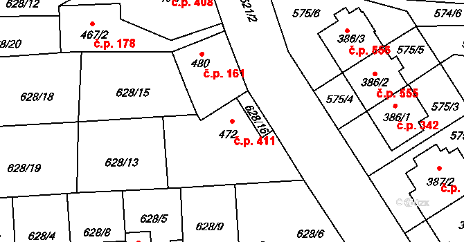 Libáň 411 na parcele st. 472 v KÚ Libáň, Katastrální mapa