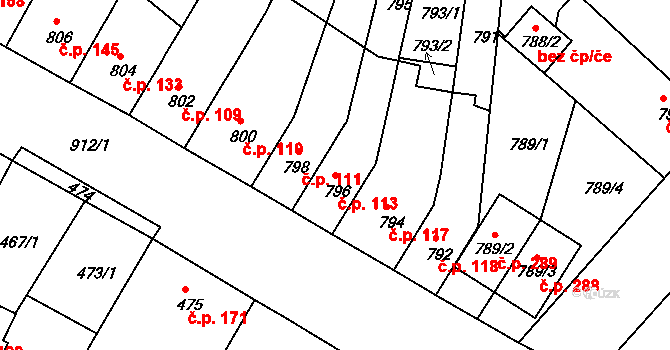 Bystřany 113 na parcele st. 796 v KÚ Bystřany, Katastrální mapa