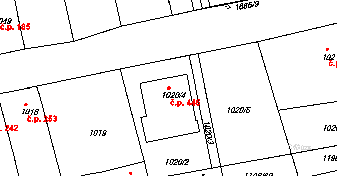 Jarošov 445, Uherské Hradiště na parcele st. 1020/4 v KÚ Jarošov u Uherského Hradiště, Katastrální mapa