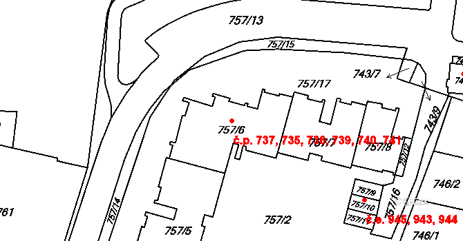 Štýřice 735,736,737,739,740,, Brno na parcele st. 757/6 v KÚ Štýřice, Katastrální mapa