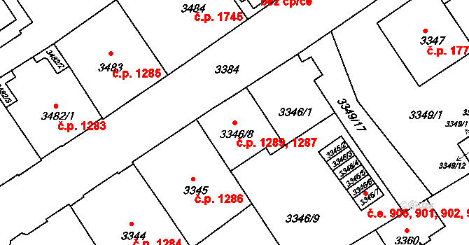 Černá Pole 1287,1289, Brno na parcele st. 3346/8 v KÚ Černá Pole, Katastrální mapa