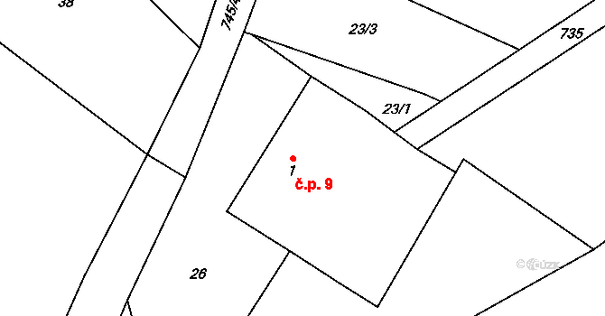 Lanžov 9 na parcele st. 1 v KÚ Lanžov, Katastrální mapa