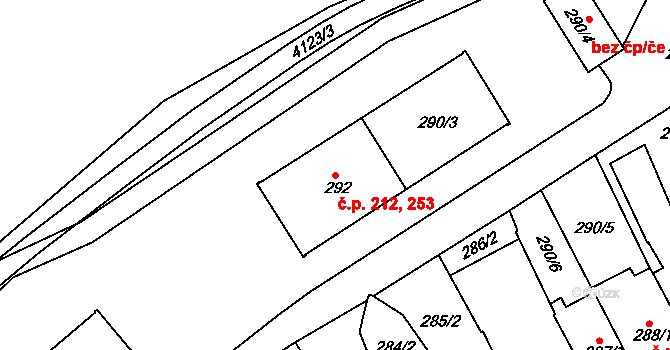 Sokolov 212,253 na parcele st. 292 v KÚ Sokolov, Katastrální mapa