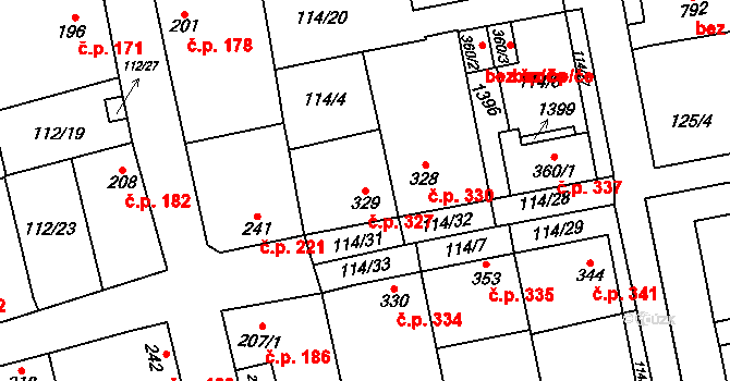 Veltrusy 327 na parcele st. 329 v KÚ Veltrusy, Katastrální mapa
