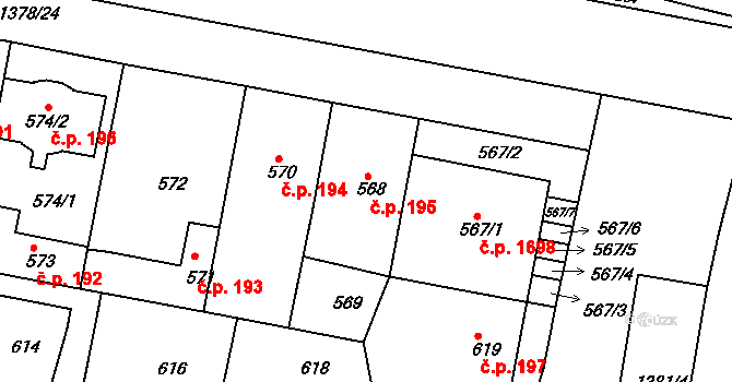 Řepy 195, Praha na parcele st. 568 v KÚ Řepy, Katastrální mapa