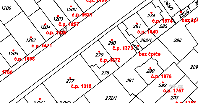 Chomutov 1372 na parcele st. 279 v KÚ Chomutov I, Katastrální mapa