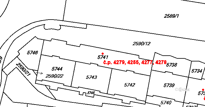 Chomutov 4255,4277,4278,4279 na parcele st. 5744 v KÚ Chomutov I, Katastrální mapa