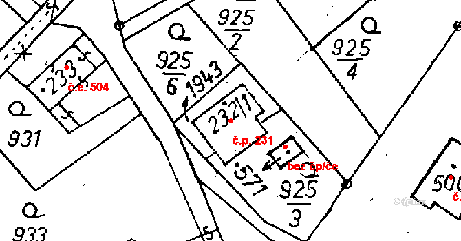Jeřmanice 231 na parcele st. 232/1 v KÚ Jeřmanice, Katastrální mapa