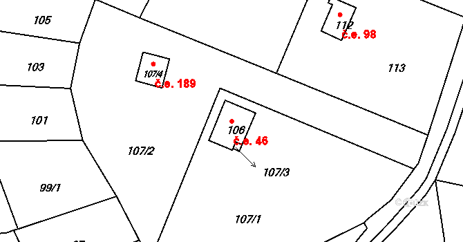 Řícmanice 46 na parcele st. 106 v KÚ Řícmanice, Katastrální mapa