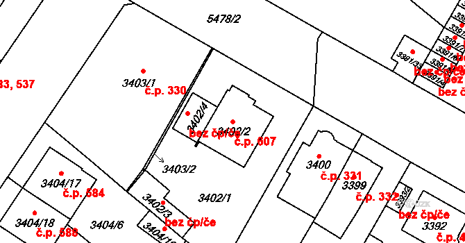 Božkov 607, Plzeň na parcele st. 3402/2 v KÚ Plzeň, Katastrální mapa