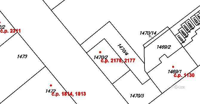 Východní Předměstí 2177,2178, Plzeň na parcele st. 1470/3 v KÚ Plzeň, Katastrální mapa