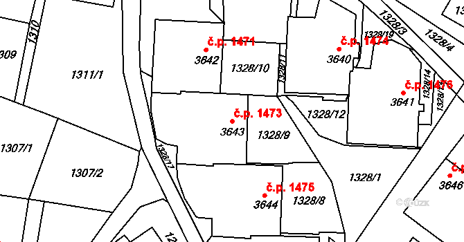 Rumburk 1 1473, Rumburk na parcele st. 3643 v KÚ Rumburk, Katastrální mapa