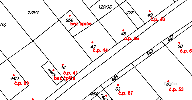 Tuchoraz 44 na parcele st. 47 v KÚ Tuchoraz, Katastrální mapa