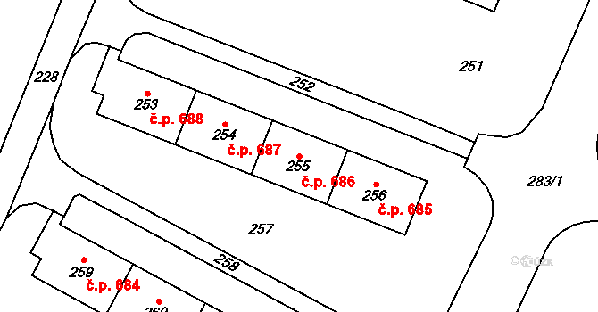 Šumbark 686, Havířov na parcele st. 255 v KÚ Šumbark, Katastrální mapa