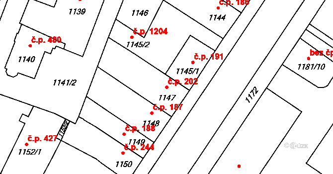 Pečky 202 na parcele st. 1147 v KÚ Pečky, Katastrální mapa