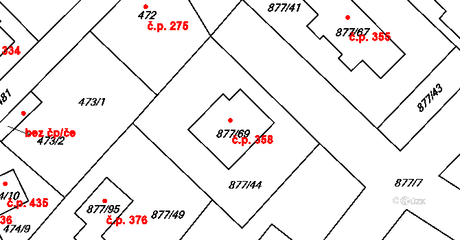 Jirny 358 na parcele st. 877/69 v KÚ Jirny, Katastrální mapa