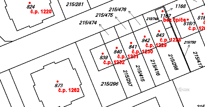 Rudná 1232 na parcele st. 839 v KÚ Hořelice, Katastrální mapa
