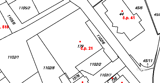 Kudlov 21, Zlín na parcele st. 179 v KÚ Kudlov, Katastrální mapa
