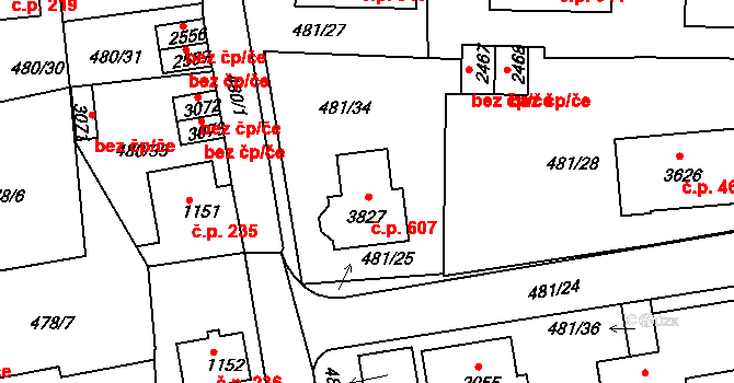 Horní Brána 607, Český Krumlov na parcele st. 3827 v KÚ Český Krumlov, Katastrální mapa