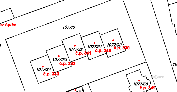 Velešovice 340 na parcele st. 1077/31 v KÚ Velešovice, Katastrální mapa