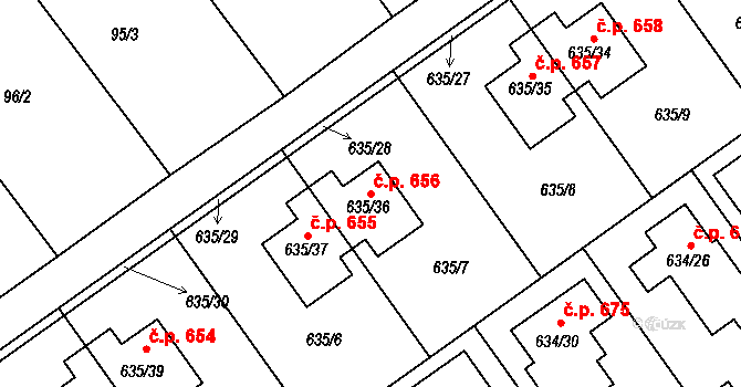Jirny 656 na parcele st. 635/36 v KÚ Jirny, Katastrální mapa