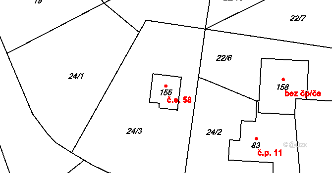 Předboř 58, Choustník na parcele st. 155 v KÚ Předboř u Choustníku, Katastrální mapa