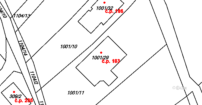Chudčice 183 na parcele st. 1001/29 v KÚ Chudčice, Katastrální mapa