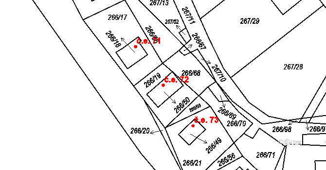 Tušimice 72, Kadaň na parcele st. 266/50 v KÚ Tušimice, Katastrální mapa