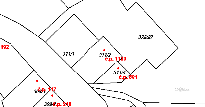 Malenovice 1133, Zlín na parcele st. 311/2 v KÚ Malenovice u Zlína, Katastrální mapa