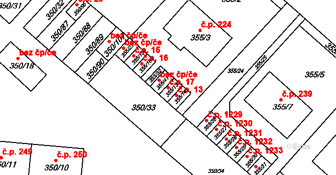 Dobšice 17 na parcele st. 355/13 v KÚ Dobšice u Znojma, Katastrální mapa