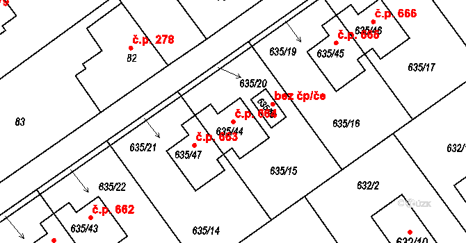 Jirny 664 na parcele st. 635/44 v KÚ Jirny, Katastrální mapa
