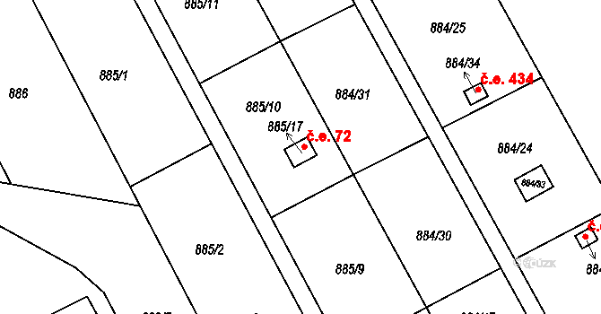 Medlánky 72, Brno na parcele st. 885/17 v KÚ Medlánky, Katastrální mapa