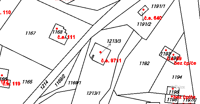 Brná 9711, Ústí nad Labem na parcele st. 1213/3 v KÚ Brná nad Labem, Katastrální mapa